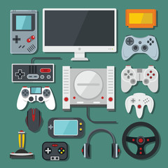 Computer, digital video online game console, game tools vector set