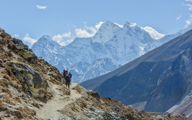 Peaks Kantega (6783 m) and Thamserku (6608 m) from trek near Dukla - Nepal, Himalayas