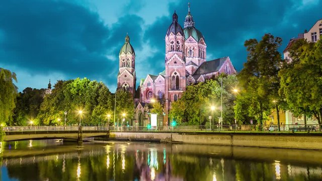 St. Luke Church, is the largest Protestant church in Munich, Germany (static image with animated sky and water)
