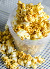 close-up shot of caramel popcorn in bowl