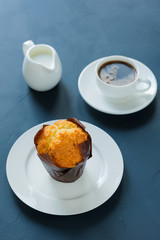 Breakfast. Muffin and coffee with milk.