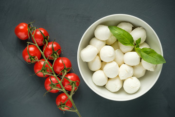 Mozzarella cheese, basil and tomatoes cherry on a gray background