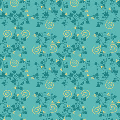 pattern con foglioline e spirali su sfondo azzurro