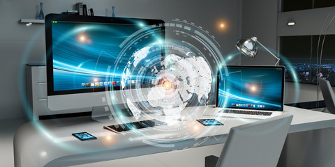 Workplace with modern devices and hologram screens 3D rendering