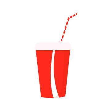 Paper Cup Icon. Paper Red Cups With Straws For Soda Or Cold Beverage. Illustration Flat Design. Drink Icon. Fast Food.