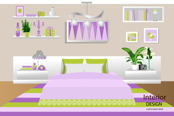 The interior of the bedroom. Bed , carpet, bedside table and plants. Cartoon. Vector illustration.