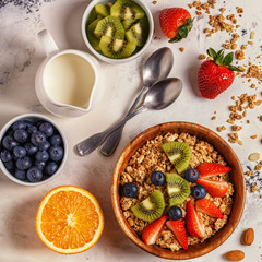 Healthy breakfast - bowl of muesli, berries and fruit