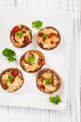 Stuffed Mushrooms with Breadcrumbs, Cheese and Bacon. Selective focus.