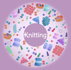 Handmade or knitting background with yarn skeins, knitting tools,  machine and handmade hobby accessories in flat style vector illustration