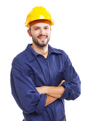 Young worker standing smiling on white background - obrazy, fototapety, plakaty