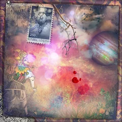 Photo sur Plexiglas Imagination Scenery with fool of tarots,hot air balloon,travels and enchanted landscape