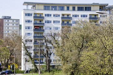 Straße Halbe Stadt mit markantem Hochhaus in Frankfurt an der Oder im Frühling