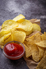 Potato chips and Mexican corn nachos