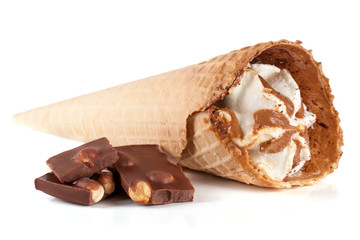 two cones of ice creams with chocolate bar isolated white background