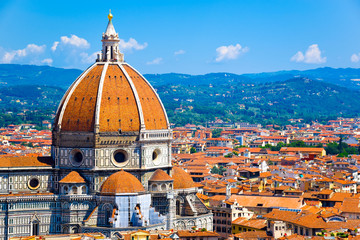 Close up the Cathedral of Santa Maria del Fiore with view over the old town of  Florence, Italy