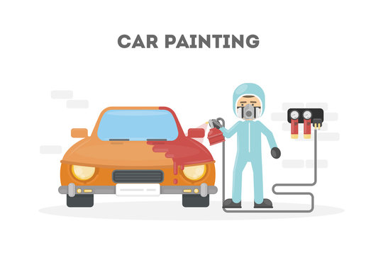 Car painting service. Man in protection uniform paints the car with spray gun.