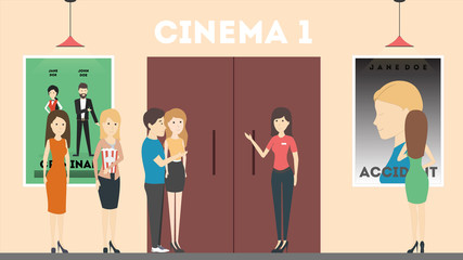 Obraz premium Going to cinema. People with popcorn are going to watch the film in cinema hall. Room with movie posters.