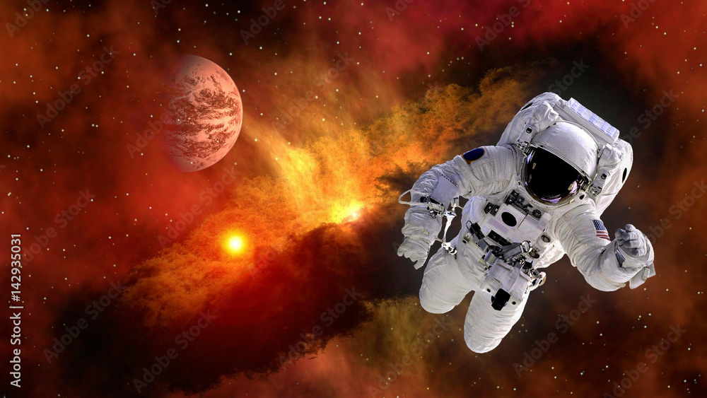 Wall mural astronaut planet mars spaceman suit outer space gravity galaxy floating universe explosion. elements