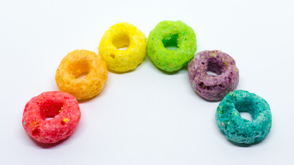 Closeup of Fruit Cereal in Rainbow Shape