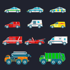 Vector city transport set in flat style. Different municipal, special and emergency services trucks icons collection.