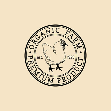 Vector retro farm fresh logotype. Organic premium quality products logo. Eco food sign. Vintage hand sketched hen icon.