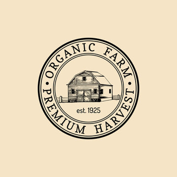 Vector retro farm logotype. Organic premium quality products badge. Eco food sign. Vintage hand sketched barn icon.