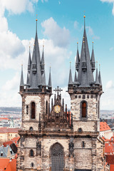 Fototapeta premium Tyn church two temple towers, close-up view