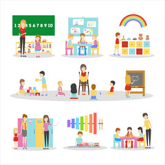Isolated kindergarten set on white background. Children with teachers and parents.
