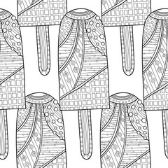 Ice cream, dessert. Black and white illustration for coloring book. Seamless decorative pattern. Vector