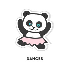 Funny panda listens to music. Isolated cartoon sticker. Panda in pink skirt.