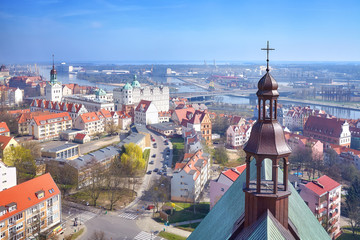 Aerial view of Szczecin city downtown with Odra River view, Poland. - obrazy, fototapety, plakaty
