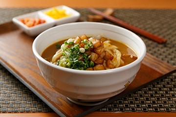 Curry Udon with Pork Cutlet. Japanese style curry cuisine.