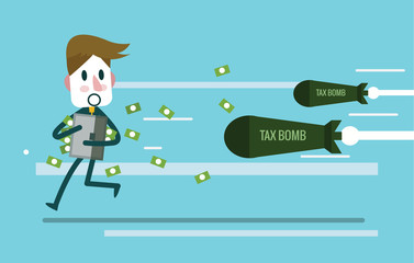 Businessman holding money case and run away from Tax bomb. flat design elements. vector illustration