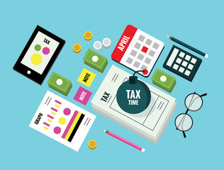 Isometric Tax time objects. Data analysis, paperwork, financial research, report. Businessman calculation tax return. Flat design elements. vector illustration