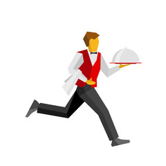 Waiter in black and red running with tray