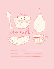 Doodle breakfast food. Hand drawn vector kitchen elements. Bowl of muesli, cup of coffee and fruits