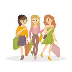 Girls go for shopping. Three beautiful women with shopping bags.