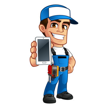 Electrician, he has a smartphone in his hand