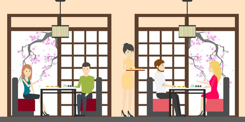 Sushi bar interior set. oriental style. Bar, tables and kitchen. Asian chefs and waitresses.