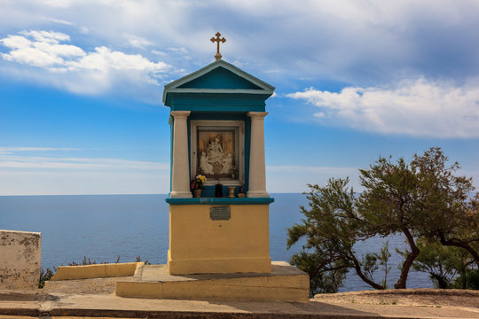 Chapel over the cliff of Blue Grotto. Malta island.
