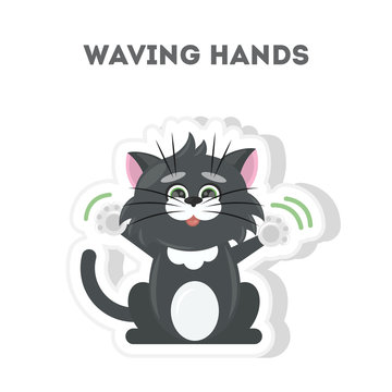 Cat waving hands. Isolated cute sticker on white background.