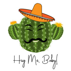 Cactus print with funny cactus in vector. Postcard 