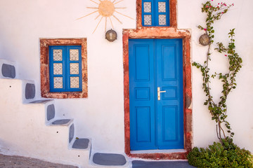 Detail view of traditional colorful greek doors and windows, Santorini