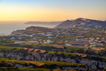 Vue paysage de champs, vignobles et villages grecs à Santorin