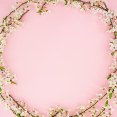 Fototapeta na wymiar Spring time background. Frame of spring flowers on pink background. Flat lay, top view.