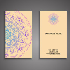 Visiting card and business card set with mandala design element logo. Abstract oriental Layout. Front page and back page