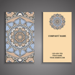 Visiting card and business card set with mandala design element logo. Abstract oriental Layout. Front page and back page