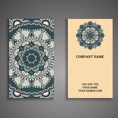 Fototapeta na wymiar Visiting card and business card set with mandala design element logo. Abstract oriental Layout. Front page and back page