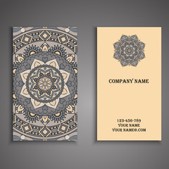 Visiting card and business card set with mandala design element logo. Abstract oriental Layout. Front page and back page