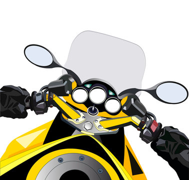 Sport motorcycle first person view. POV yellow motorbike. Vector